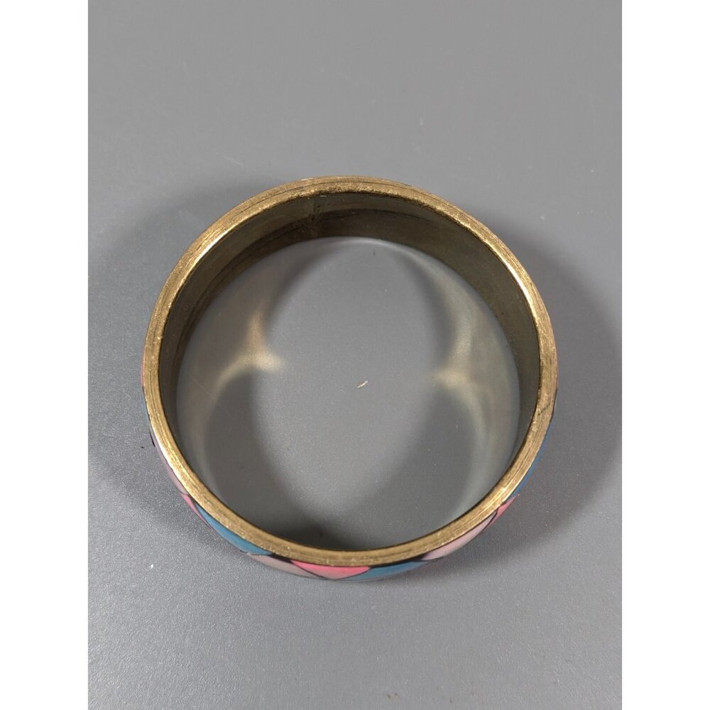 Vintage Brass Blue Pink Triangle Inlay Bangle Bracelet Tribal Boho small - Picture 2 of 9